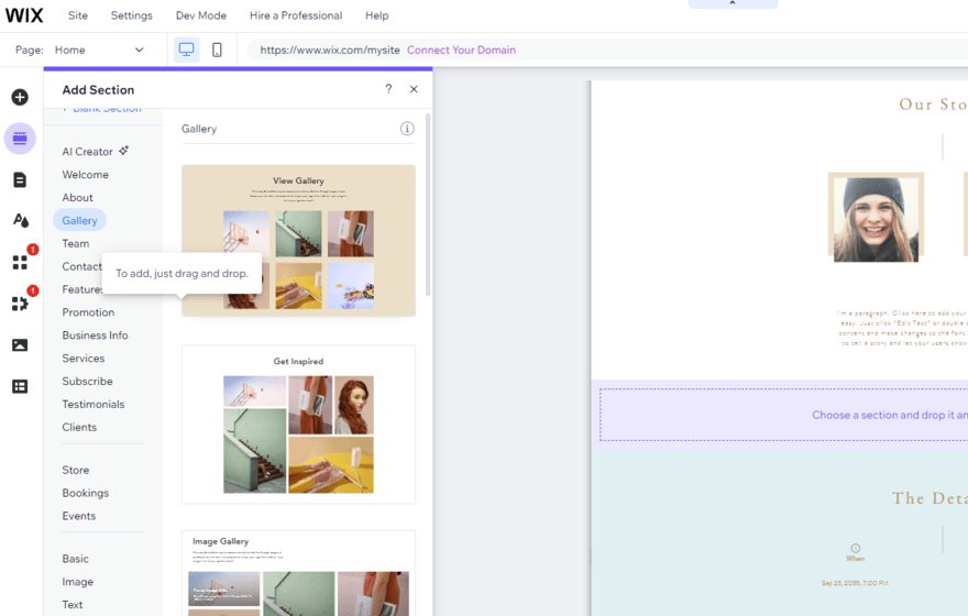 Gallery element options in Wix's website editor