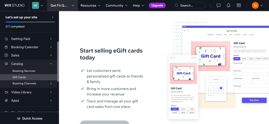 Screenshot of Wix Booking's page on gift cards showcasing key features.