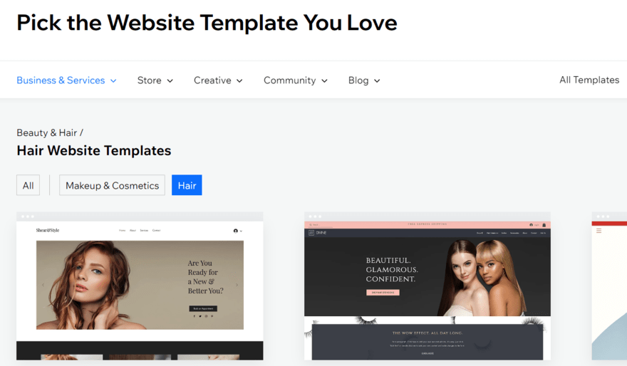 Hair industry templates in Wix's template library