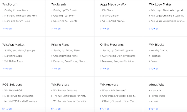 Wix Help Center topics screenshot