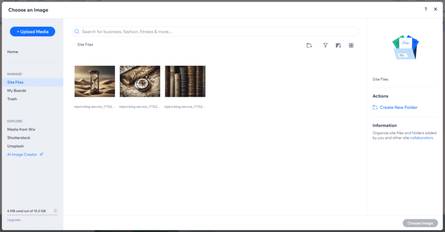 Wix's image library showing uploaded images and tabs for other media libraries, such as Unsplash