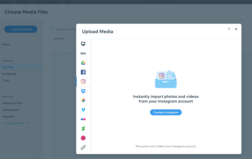 Connect with Instagram button on Wix's editor