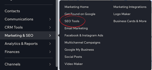 Wix Marketing and SEO menu screenshot