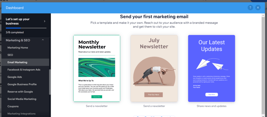 Email marketing templates in Wix's marketing dashboard