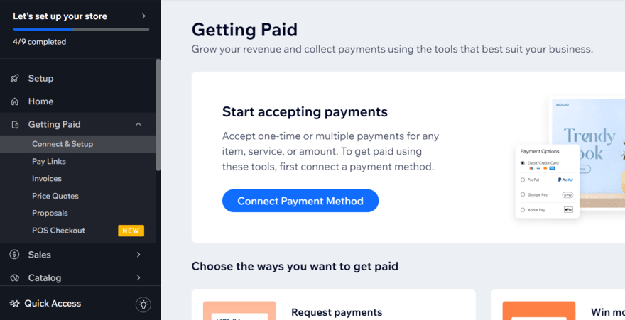 Wix payments dashboard with a button to "connect payment methods"
