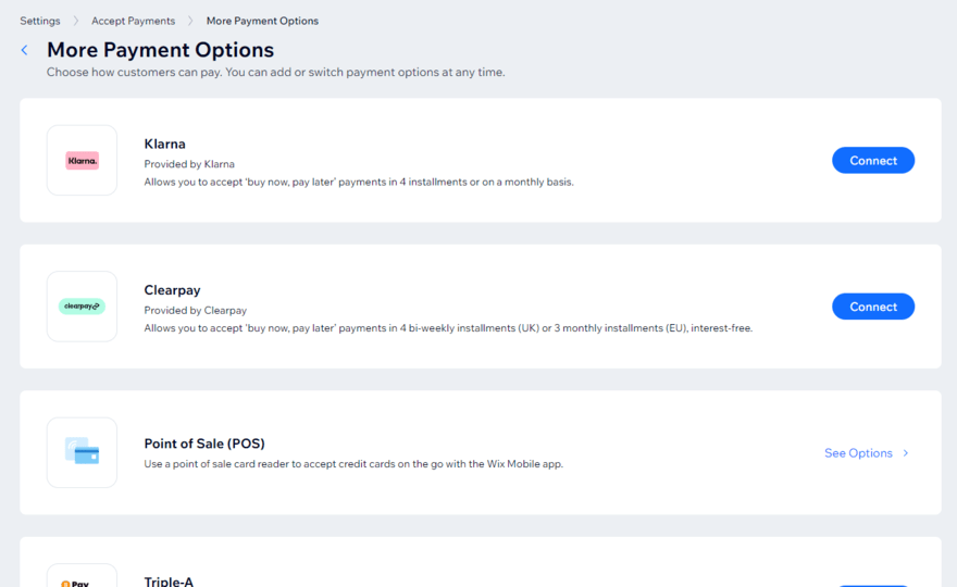 More payment options available through Wix