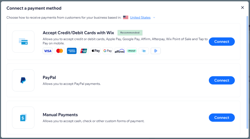 Connecting payment methods pop up in Wix