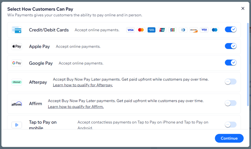 Customer payment options toggle screen in Wix's payment settings