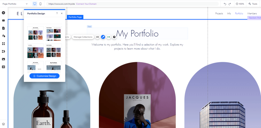 A portfolio-specific page in Wix's website editor