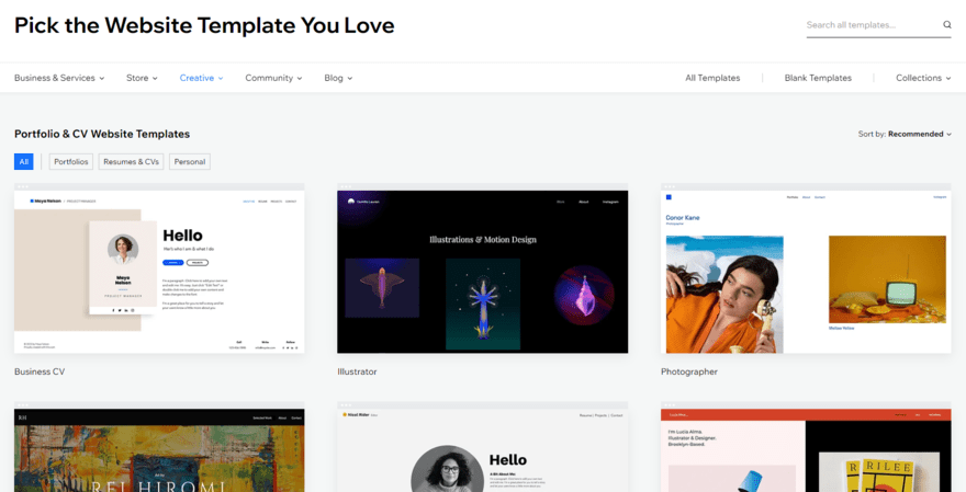 Selection of Wix portfolio templates