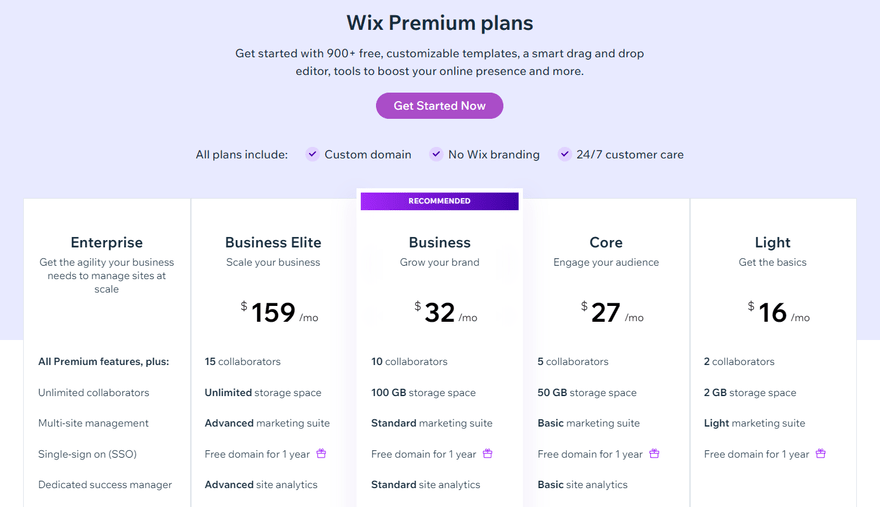 Four Wix website builder price plans