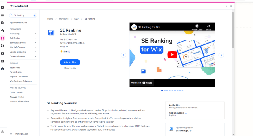 Image of Wix App Market showing SE Ranking app with details underneath in black text and a video in the top right hand corner.