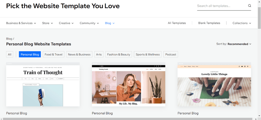 Three Wix template results in the template library for "Personal Blog" filter