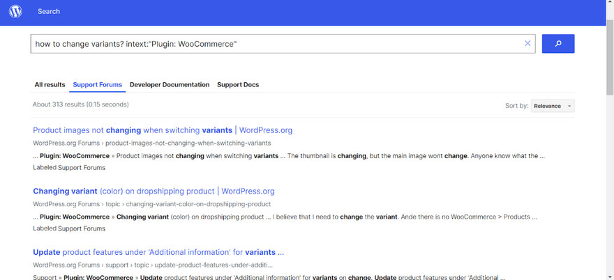 WooCommerce help center for search term "how to change variants"